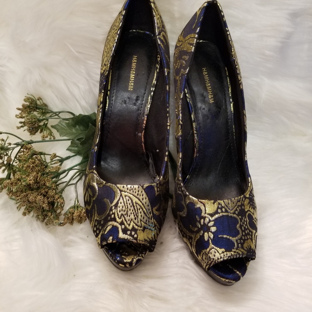 H & M Blue & Gold Dressy 4.5 Heels platform Shoes